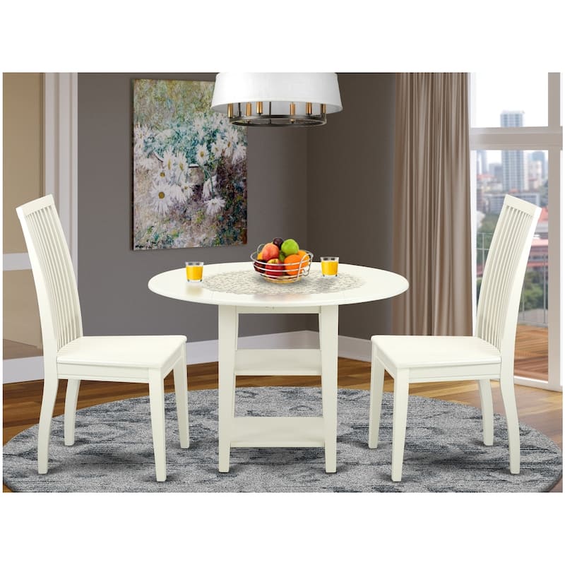 HomeStock 3-Piece Linen White Finish Round Solid Wood Top Dining Table Set