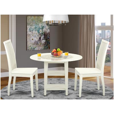 HomeStock 3-Piece Linen White Finish Round Solid Wood Top Dining Table Set