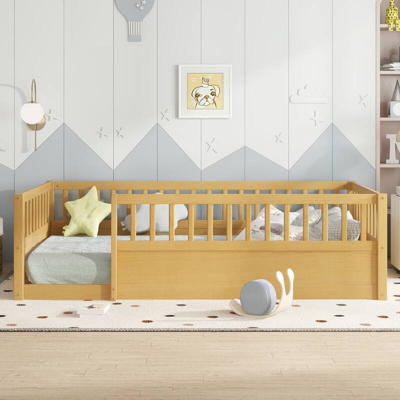 Roomfitters Wooden Twin Floor Bed Frame with Fence, Montessori Low Platform Design for Bedroom or Playroom