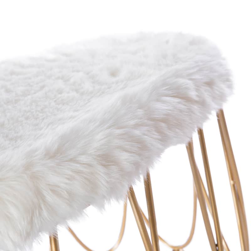Set of 2 Gold Metal Side Accent Table Stools with White Faux Fur Top Seat