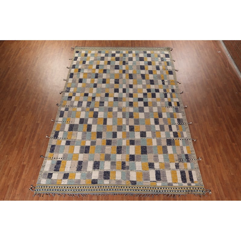 All-Over Checkered Moroccan Large Modern Area Rug Handmade Wool Carpet - 9'9"x 15'1"