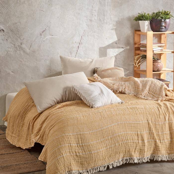 OrganicClub Super Soft Cotton 3-ply Reversible Throw Bedspread - Queen - Yellow