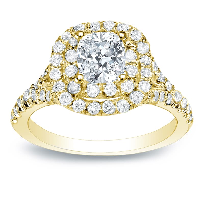 Auriya 14k Gold 1 3/4ctw Cushion-cut Double Halo Diamond Engagement Ring Certified (H-I, SI1-SI2) - Yellow - 4