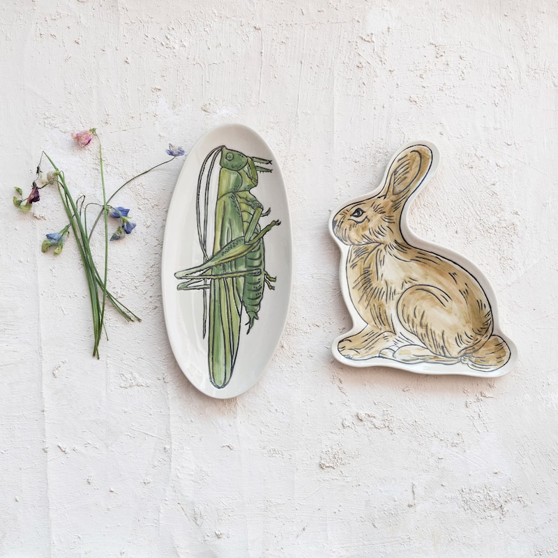 Hand-Painted Stoneware Rabbit Plate - 9.5"L x 7.5"W x 0.8"H - 9.5"L x 7.5"W x 0.8"H