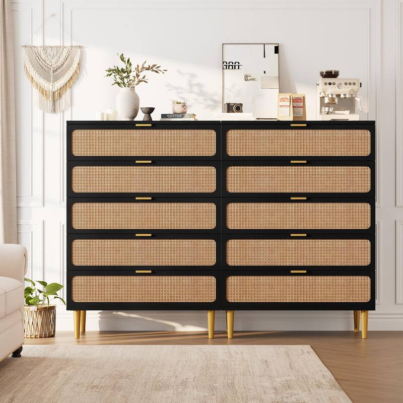5/6 Drawer Rattan Dresser for Bedroom, Large Freestanding Wooden Chest Storage