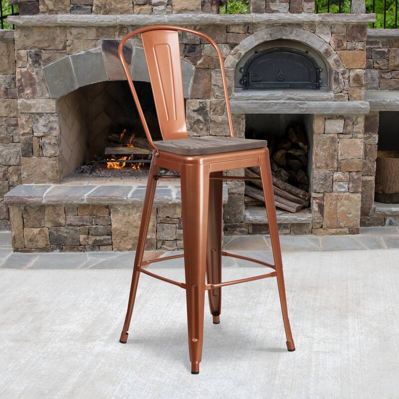 30" High Metal Barstool with Back and Wood Seat - 18"W x 19"D x 46"H - 18"W x 19"D x 46"H - Copper