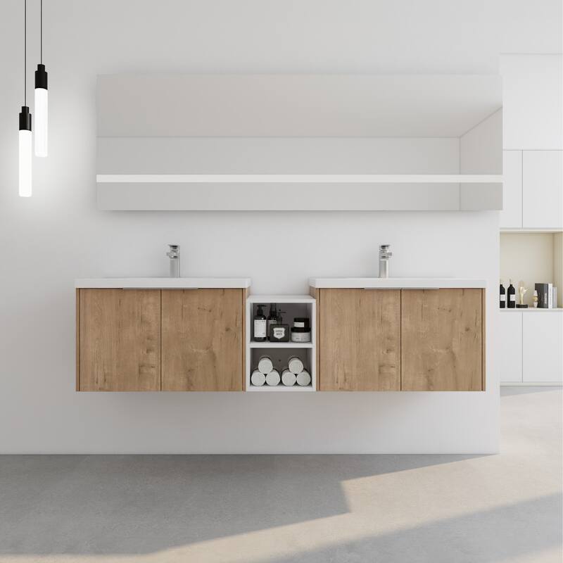 Wall Mounted Bathroom Vanity with Double Doors, Resin Sink, Eco-Friendly Plywood, Soft Closing Hinges - 71.1in L Plywood - Imitative Oak