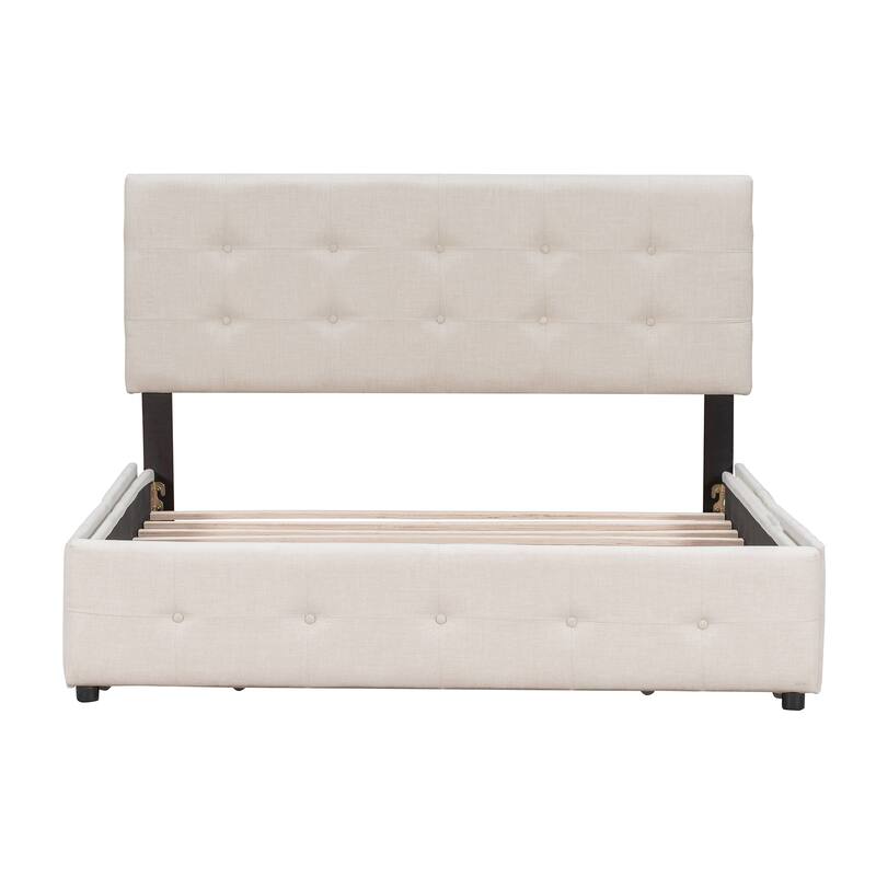 Queen Size Upholstered Platform Bed with Headboard and 4 Drawers, Linen Fabric, No Box Spring Needed