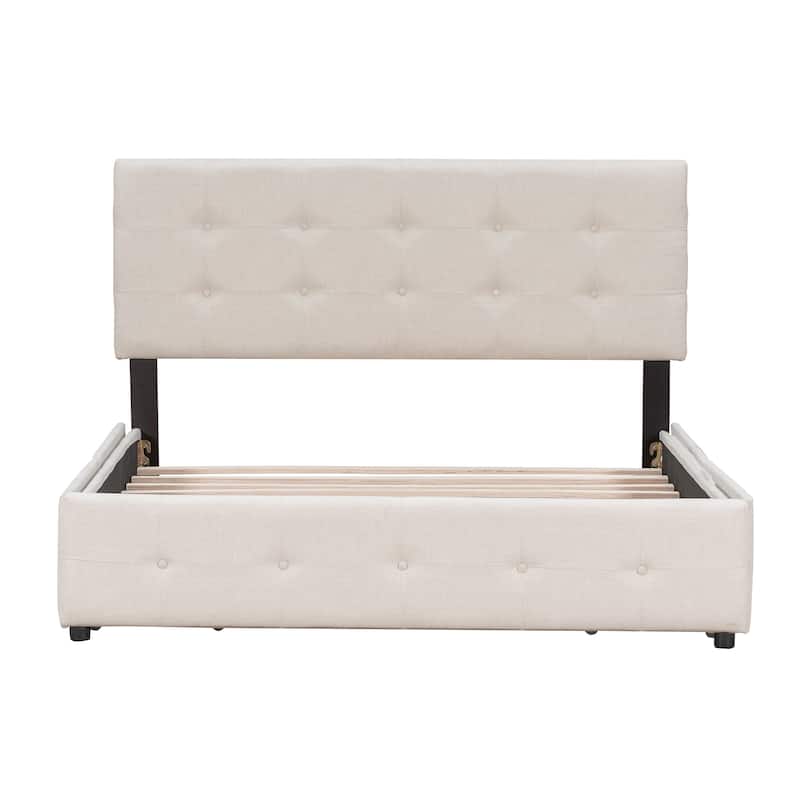 Upholstered Queen Platform Bed with Classic Headboard and 4 Drawers, Light Beige