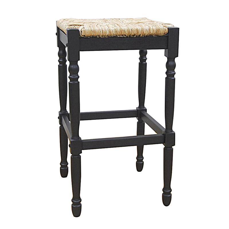 Solid Wood Rush Seat Backless Counter Height Stool with Footrest - Natural And Black  29"