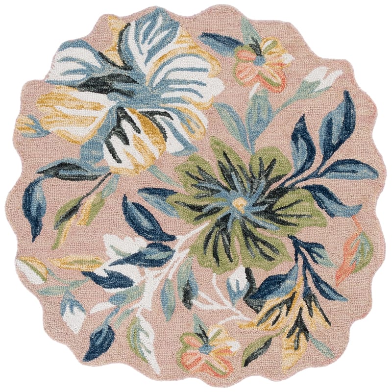 SAFAVIEH Handmade Jardin Vanya Floral Wool Rug - Pink/Blue - 5' Round Scallop
