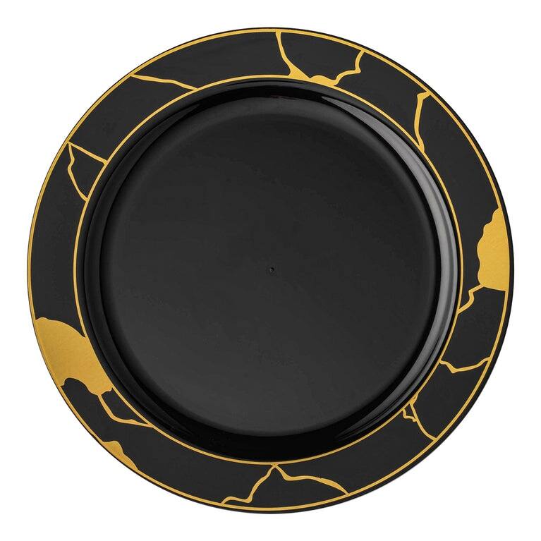 Elegant Marble Rim Disposable Plastic Plate Packs - Party Supplies - 120pcs - Dinner Plates - Black with Gold Rim
