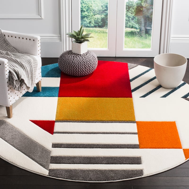 SAFAVIEH Hollywood Tatianna Mid-Century Modern Abstract Rug - 4' Round - Ivory/Peacock Blue - Round