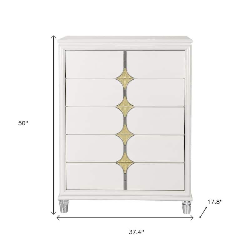 HomeRoots 37" White Wood With Gold Faux Crystal Bling Wood Five Drawer Dresser