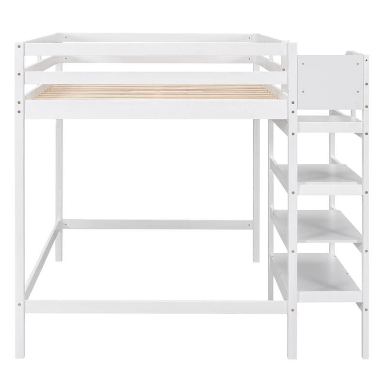 Full Size Loft Bed with Shelves Stairs and Hanger, Wooden Loftbed Frame for Bedroom Sturdy Wood Loft Full Size Frame Bed