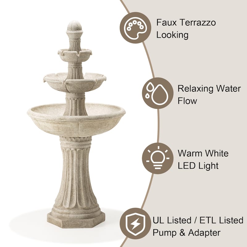 Glitzhome 45.25"H Oversized Sand Beige Terrazzo Resin 3-Tier Lighted Outdoor Fountain