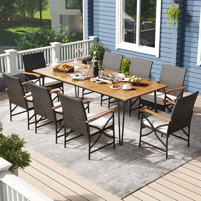 Gymax 9 PCS Outdoor Patio Dining Set Armchairs Set of 8 & Acacia Wood