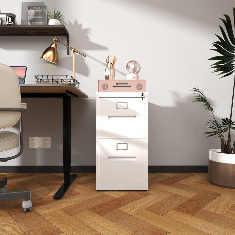 Modern 2-Drawer Narrow Filing Cabinet, Vertical Filing Cabinet with Lock and Anti-Tilt Function, for Home Office