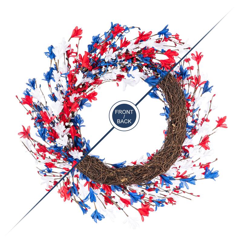 Glitzhome Patriotic/ Americana Red White Blue Floral Wreath or Stars Berry Garland
