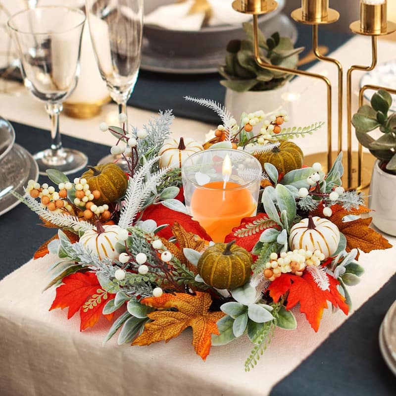 20" Thanksgiving Fall Pumpkins Autumn Wreath for Front Door - N/A