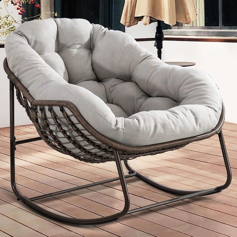 Outdoor Rattan Rocking Chair,Padded Cushion Rocker Recliner Chair Outdoor for Front Porch, Living Room, Patio, Garden - Beige