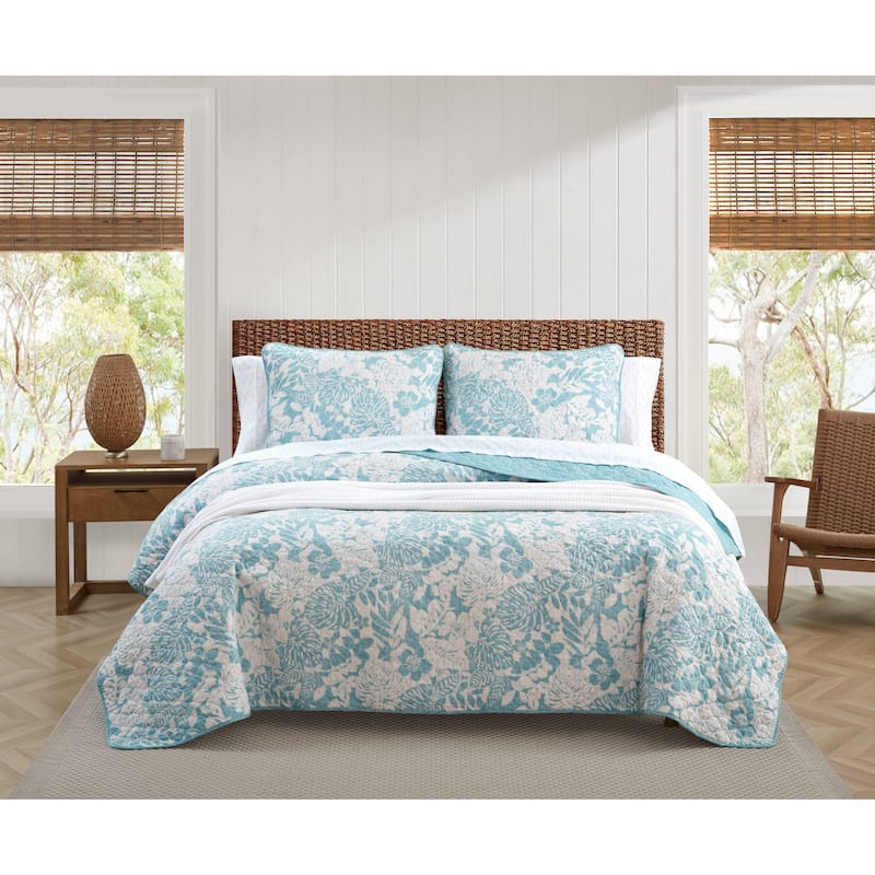 Tommy Bahama Laguna Beach Floral Print Reversible Cotton Quilt (Blue, 3 Piece Set)