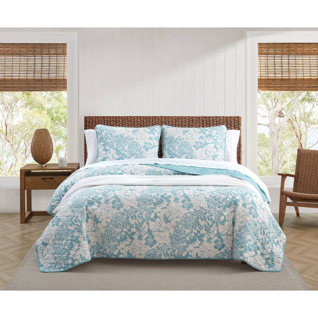 Tommy Bahama Laguna Beach Floral Print Reversible Cotton Quilt (Blue, 3 Piece Set)