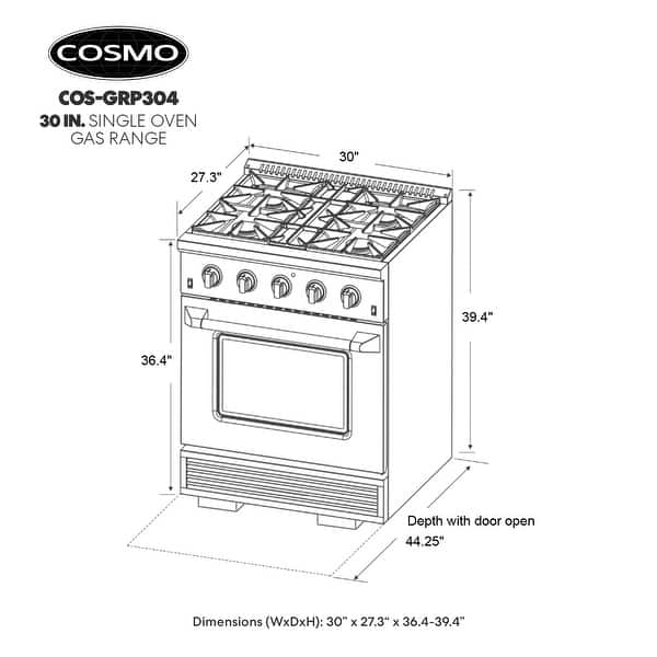 Cosmo Commercial-Style 30 in. 3.5 cu. ft. Gas Range with 4 Italian Burners, Convection Oven in Stainless Steel