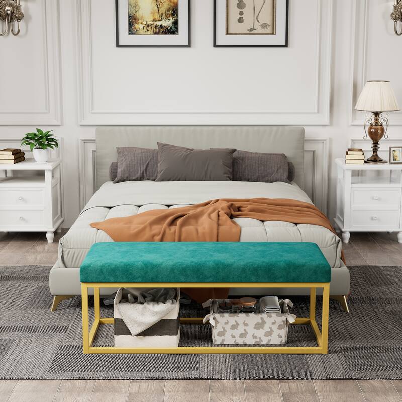 Storage Bench for Entryway, Bench with Steel Frame, Synthetic Leather, Living Dining Room, Mid-Century Modern, Loads 600 lb