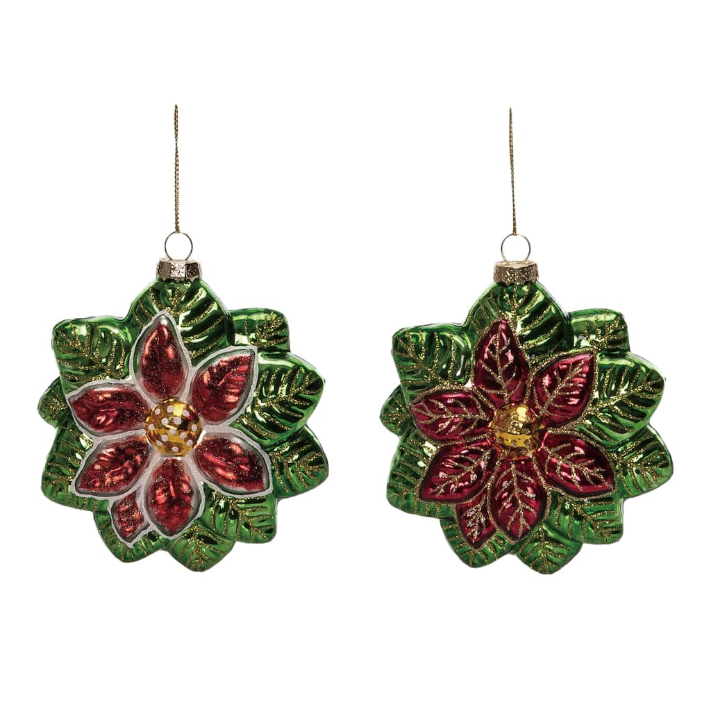 Transpac Glass Poinsettia Ornament Set of 2 Christmas Home Decorations - Multicolor