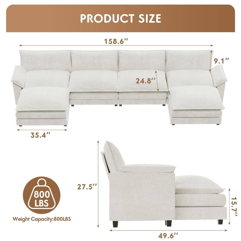 Furniwell 4 Seats U-Shaped Sectional Sofa with 2 Movable Ottomans Modern Fabric Convertible Modular Couch for Living Room