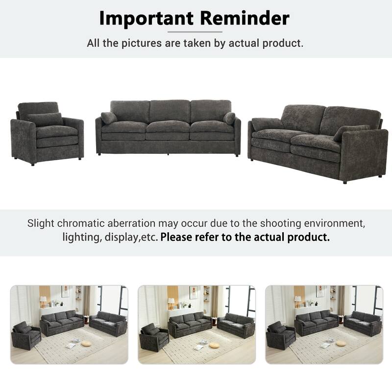 3-Pieces Chenille 6-Seat Sectional Sofa Set with Oversized Cloud Couch and Double Cushions