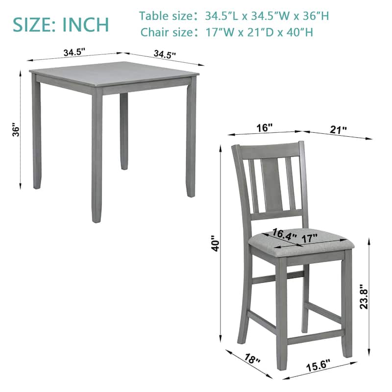 Counter Height Dining Table Set, 5 Piece Dining Table and Chair Set with Square Table and 4 Upholstered Chairs