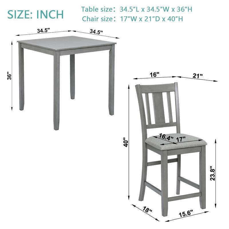 Modern Style 5-Piece Dining Set with Square Counter Height Wooden Table and 4 Upholstered Dining Chairs