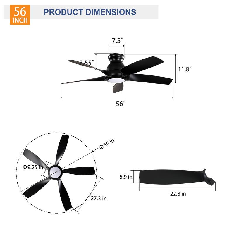 56 Inch 5 PCS ABS Blades Ceiling Fan With Light Kit 3 Color LED Light Source, DC 6 Speed,Remote Control