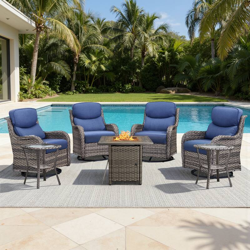 Meyreso 7-Piece Outdoor Patio Wicker Fire Pit 4 person Conversation Set with 5-Inch Thick Cushions