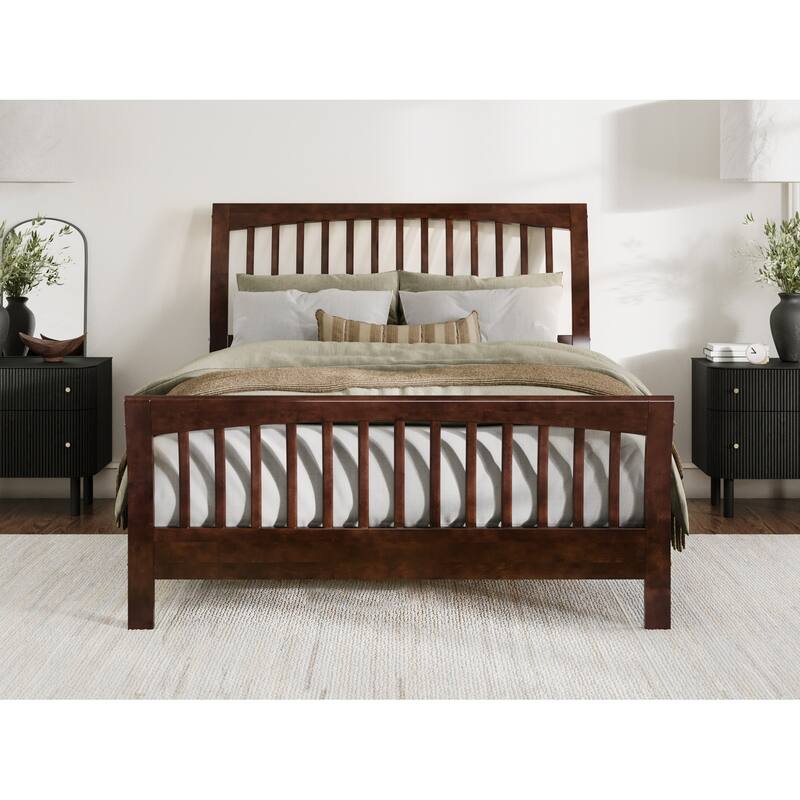 Solid Wood Low Profile Platform Bed - Queen Size, Matching Footboard, Slatted Headboard, Walnut Finish