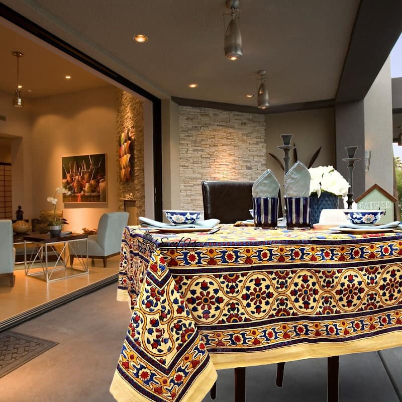 Bloom Kalamkari Lightweight Cotton Sunflower Tablecloth Rectangle - 88 x 104 in