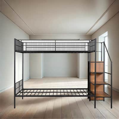 Space-Saving Twin-Over-Full Metal Bunk Bed with Built-In Wardrobe, Step Ladder, and Storage Options