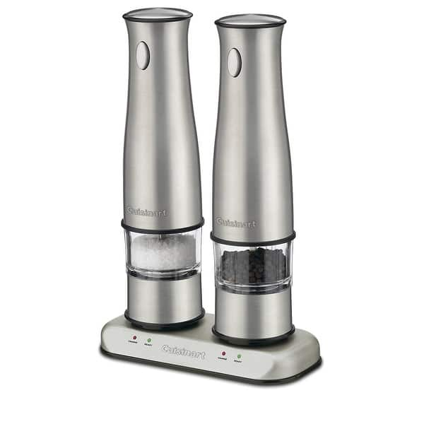 Electric Salt and Pepper Grinder Set-Battery Operated Stainless Steel Mill  (2)with led light -Automatic one-handed operation shaker - Acacia Wood base