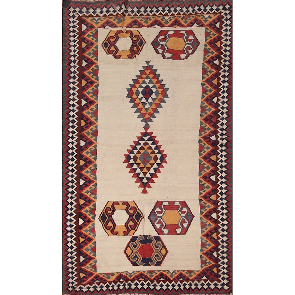 Geometric Kilim Qashqai Persian Area Rug Hand-Woven Wool Carpet - 4'5"x 8'1"