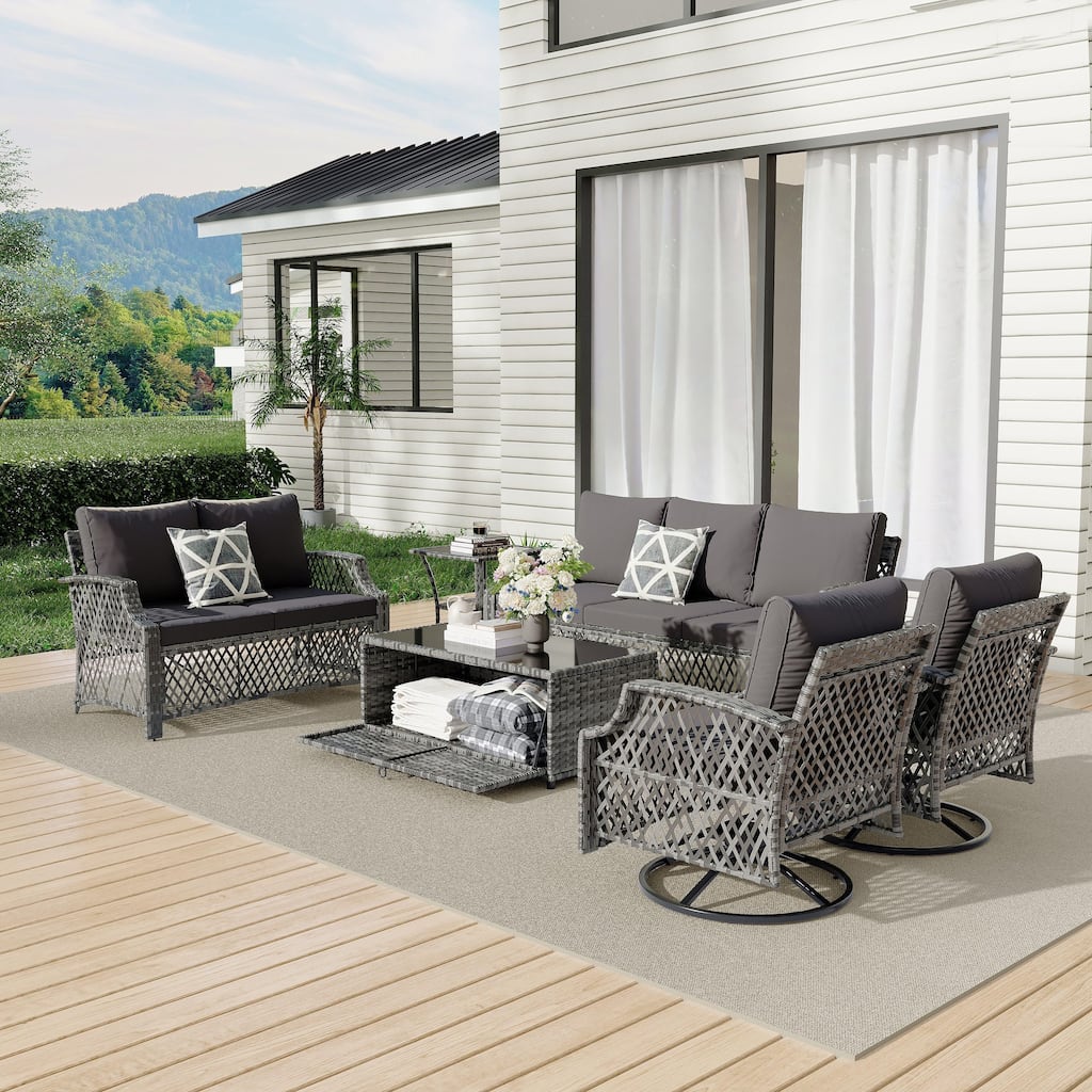Outdoor Wicker Patio Set w Swivel Chairs & Sofa, Ottomans and Tables, Modular 3/5/6/7-Piece, All-Weather Conversation Set.