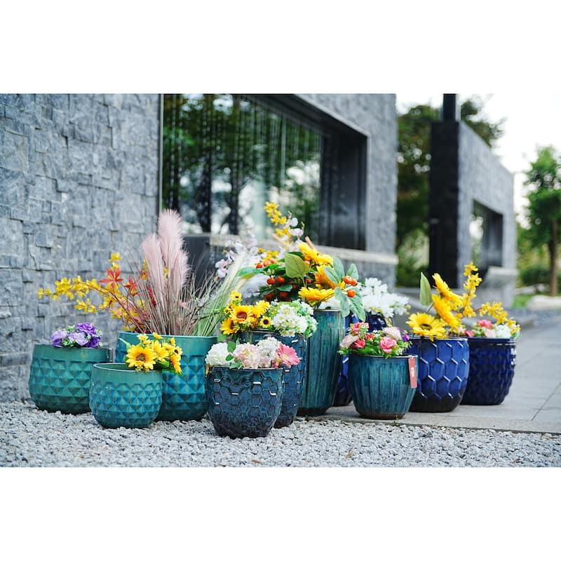 Ceramic Planters with Drainage Hole - Frost Proof Indoor Outdoor Flower Pots, for Patio Garden Windowsill, Set of 3 - Blue