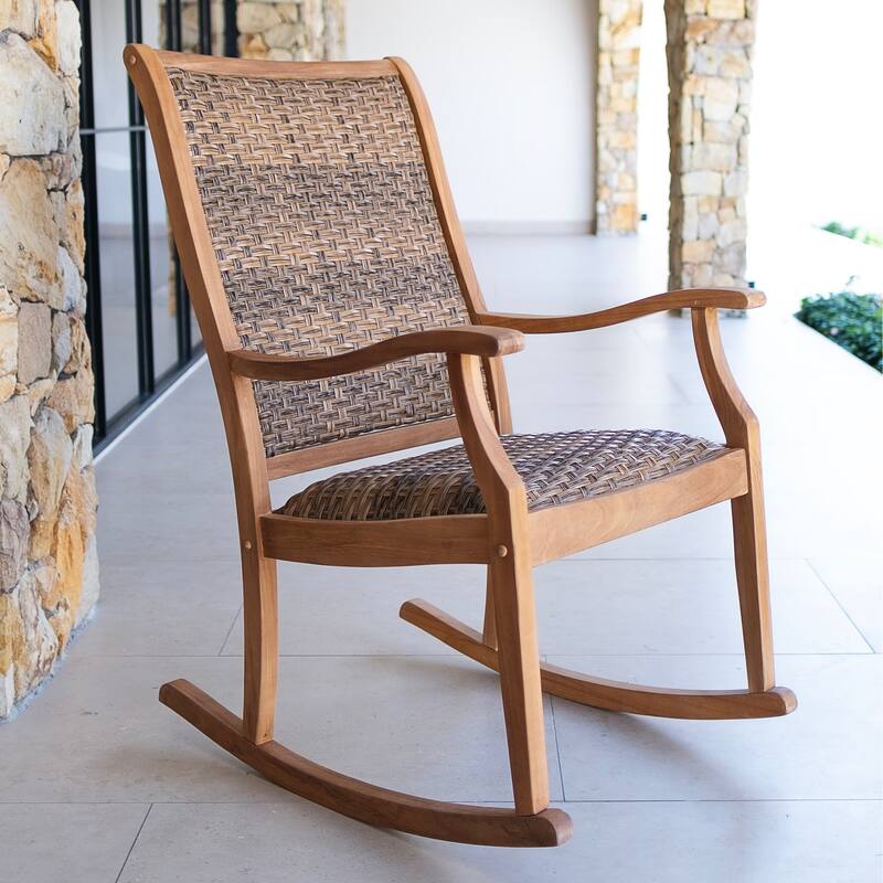 Cambridge Casual Camden Solid Teak Outdoor Rocking Chair with Padded Woven Seat - Teak Wood/Brown Wicker