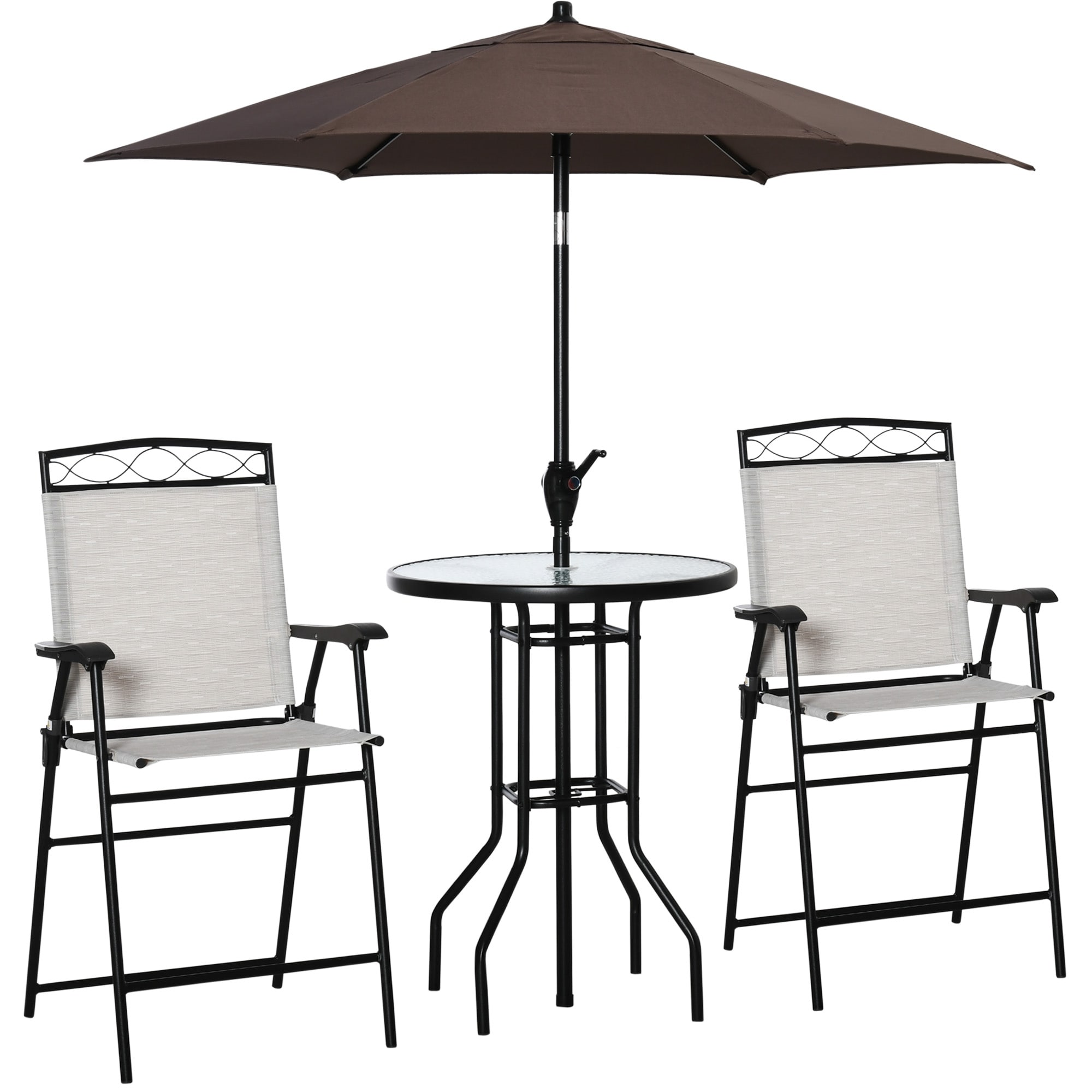Outdoor Patio Dining Set, Outdoor Garden Furniture Set with 2 Folding Chairs, Tempered Glass Tabletop with Umbrella Hole