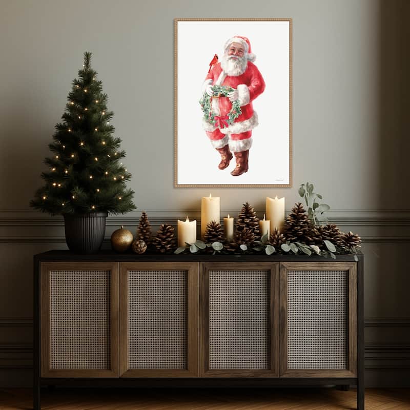 Jolly Santa with Wreath by Danhui Nai (23 x 33 in.), Framed Canvas Wall Art Print - Sylvie Beaded Rustic Natural