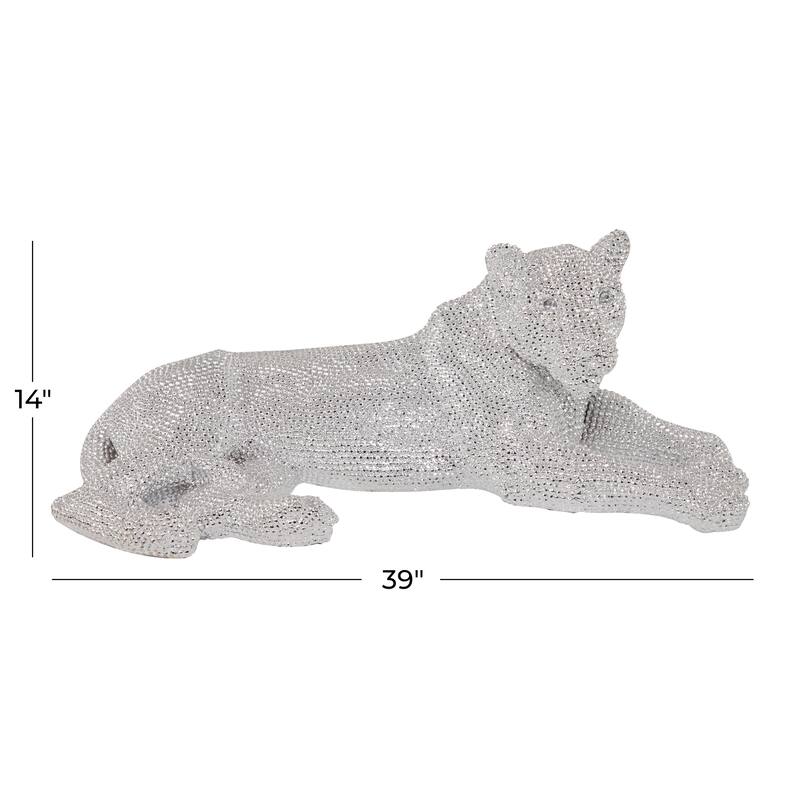 Polystone Floor Leopard Sculpture with Carved Faceted Diamond Exterior - Black or Silver