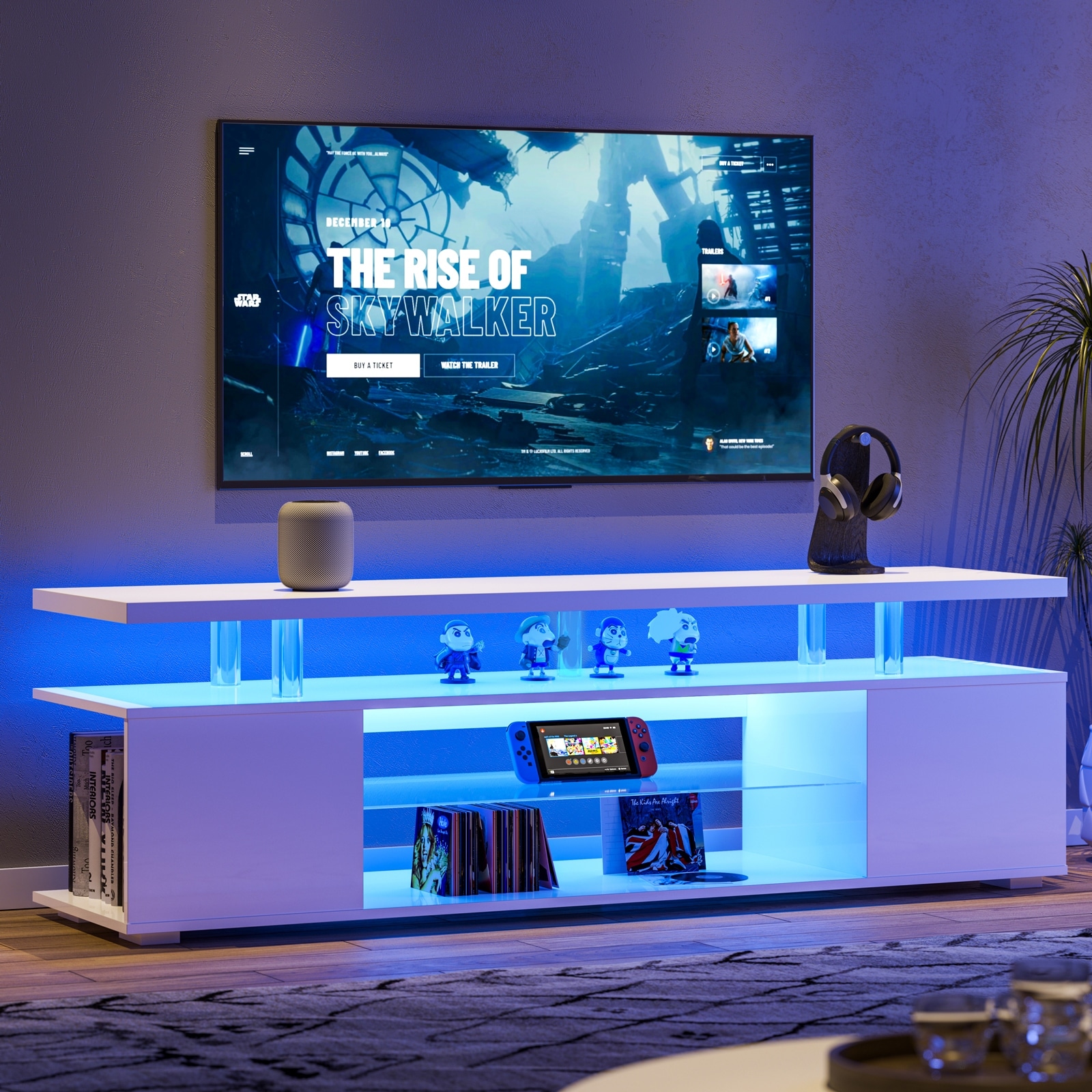 Modern LED TV Stand, Gaming Entertainment Center Media, for 70 Inch TV Table with Large Side Cabinet, for Living Room, White