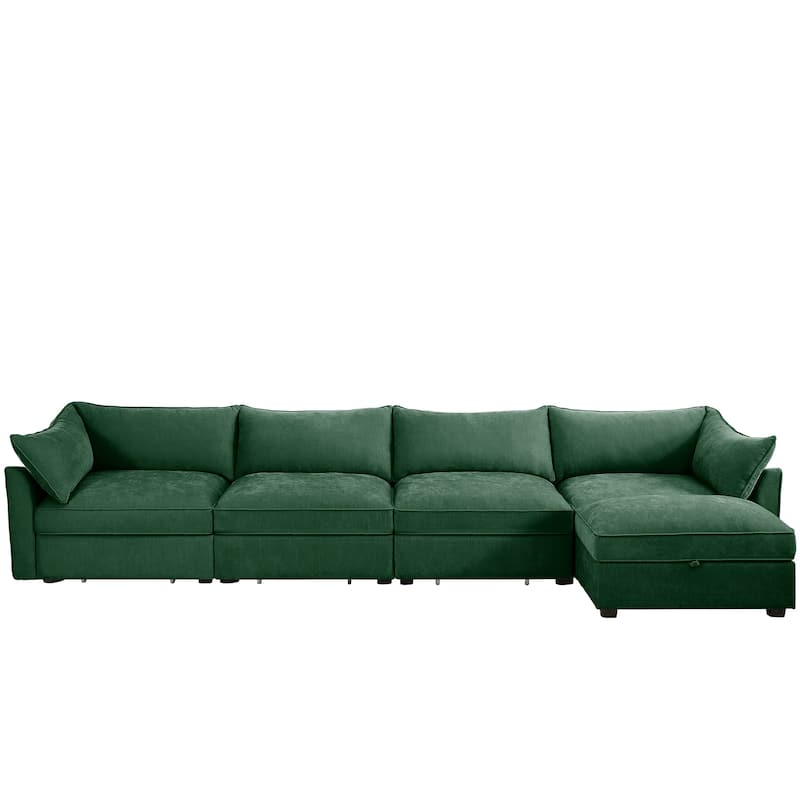L-Shaped 4-Deep Seater Sectional Sofa Couch with 1 Movable Storage Ottoman & Pull out Drawers Under Each Seat