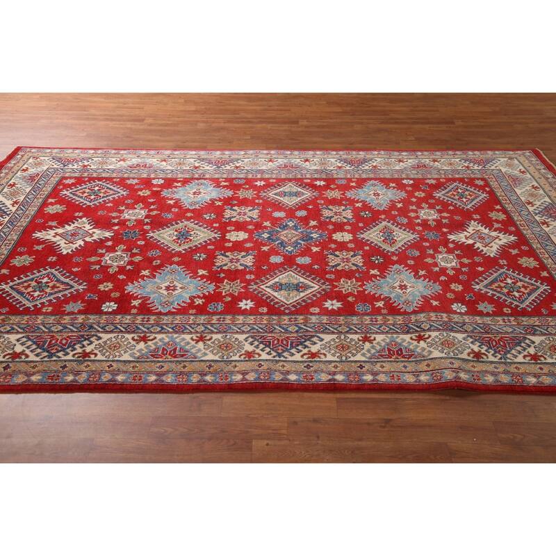 Geometric Red Kazak Area Rug Hand-Knotted Wool Carpet - 6'5" x 9'10"